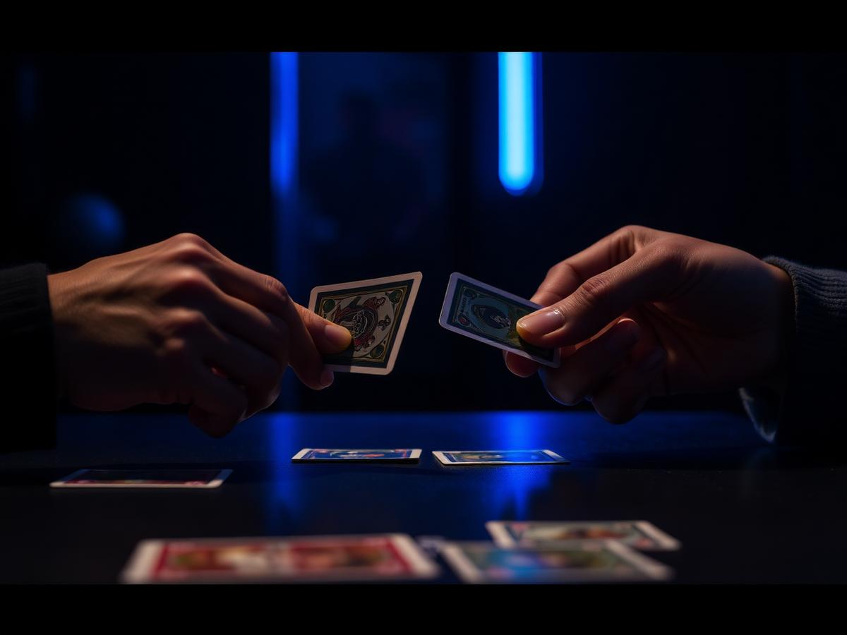 Two collectors exchanging trading cards